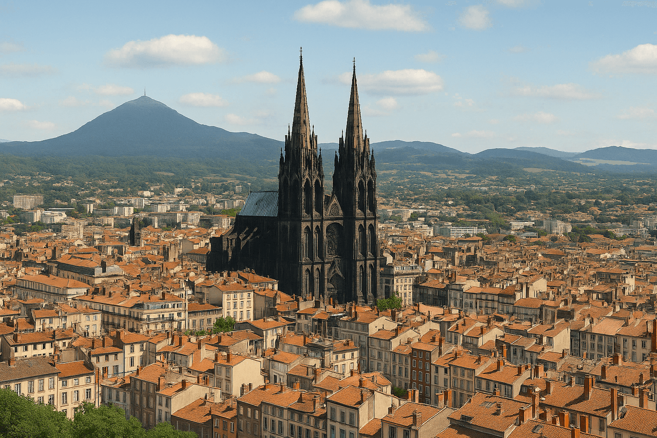 Vue réaliste de Clermont-Ferrand avec la cathédrale en pierre noire et la chaîne des Puys en arrière-plan