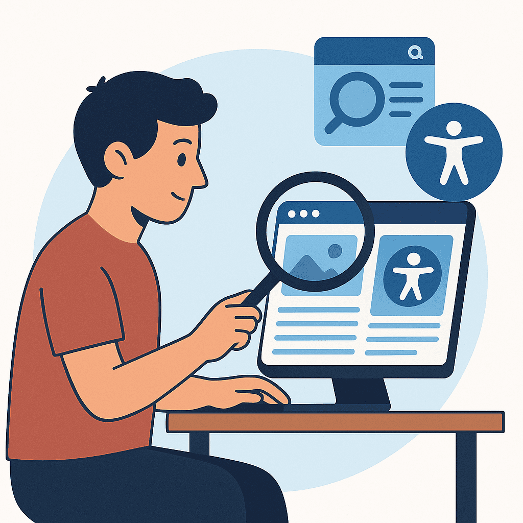 Illustration digitale sur l’accessibilité web et le RGAA, représentant une personne utilisant un site inclusif